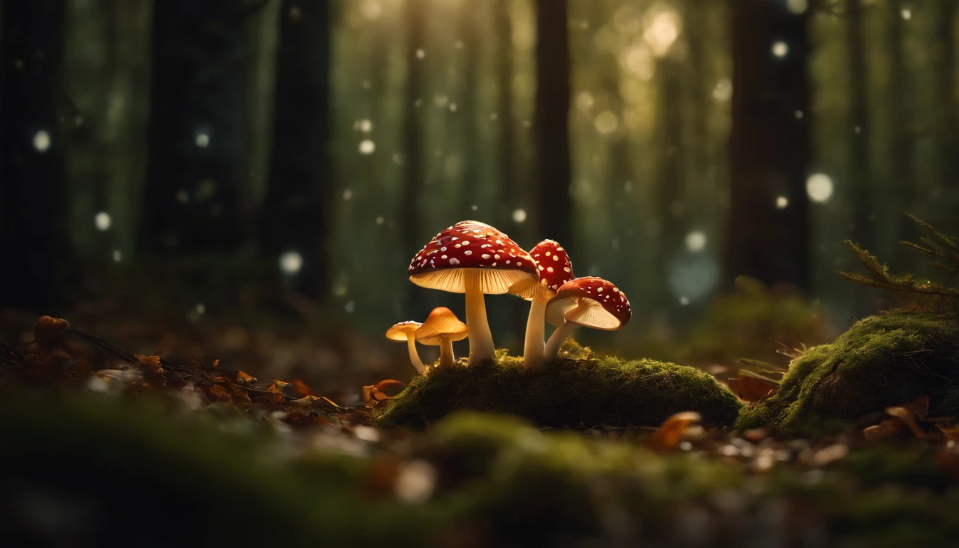 A whimsical, fairytale-inspired scene set in a magical forest, where vibrant mushrooms dot the forest floor and woodland creatures adorn the trees with twinkling lights