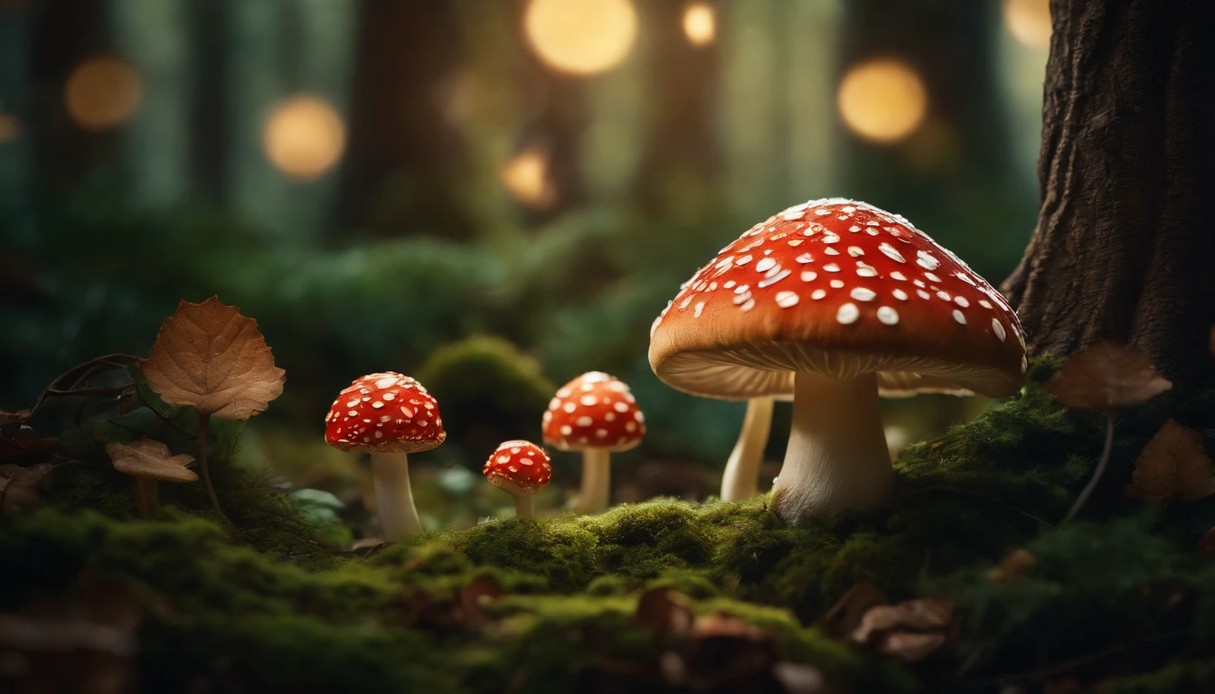 A whimsical, fairytale-inspired scene set in a magical forest, where vibrant mushrooms dot the forest floor and woodland creatures adorn the trees with twinkling lights