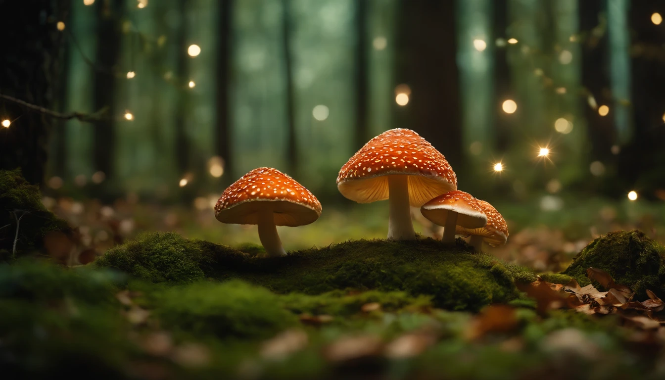 A whimsical, fairytale-inspired scene set in a magical forest, where vibrant mushrooms dot the forest floor and woodland creatures adorn the trees with twinkling lights