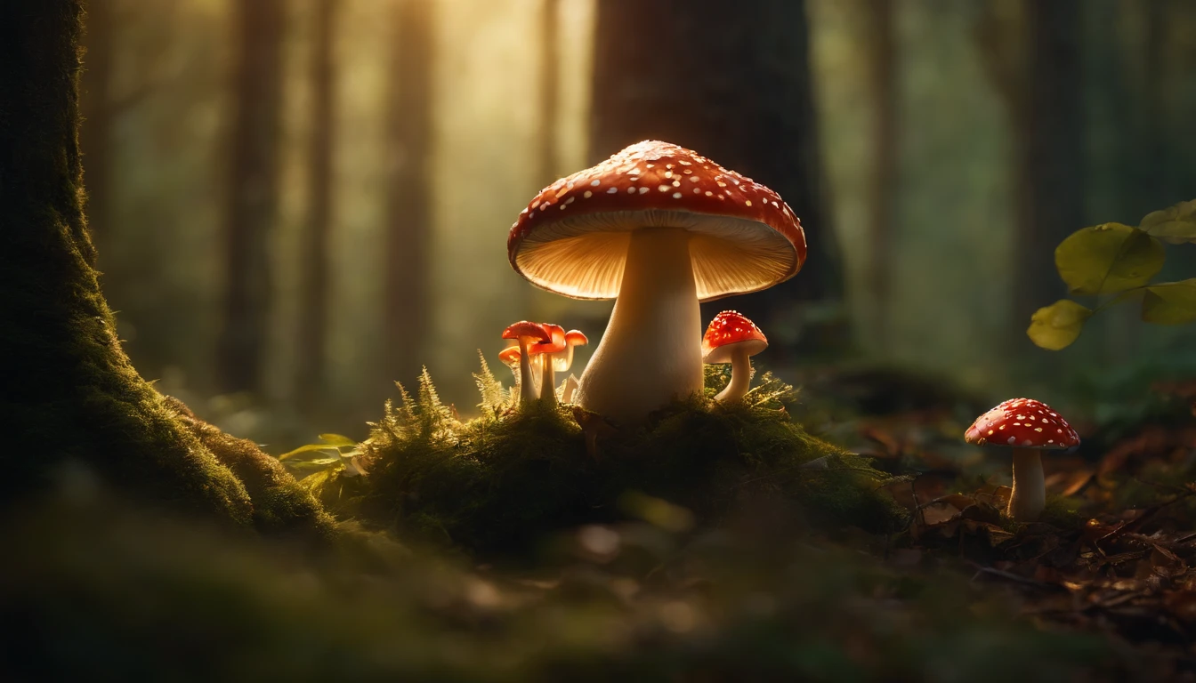 A whimsical, fairytale-inspired scene set in a magical forest, where vibrant mushrooms dot the forest floor and woodland creatures adorn the trees with twinkling lights