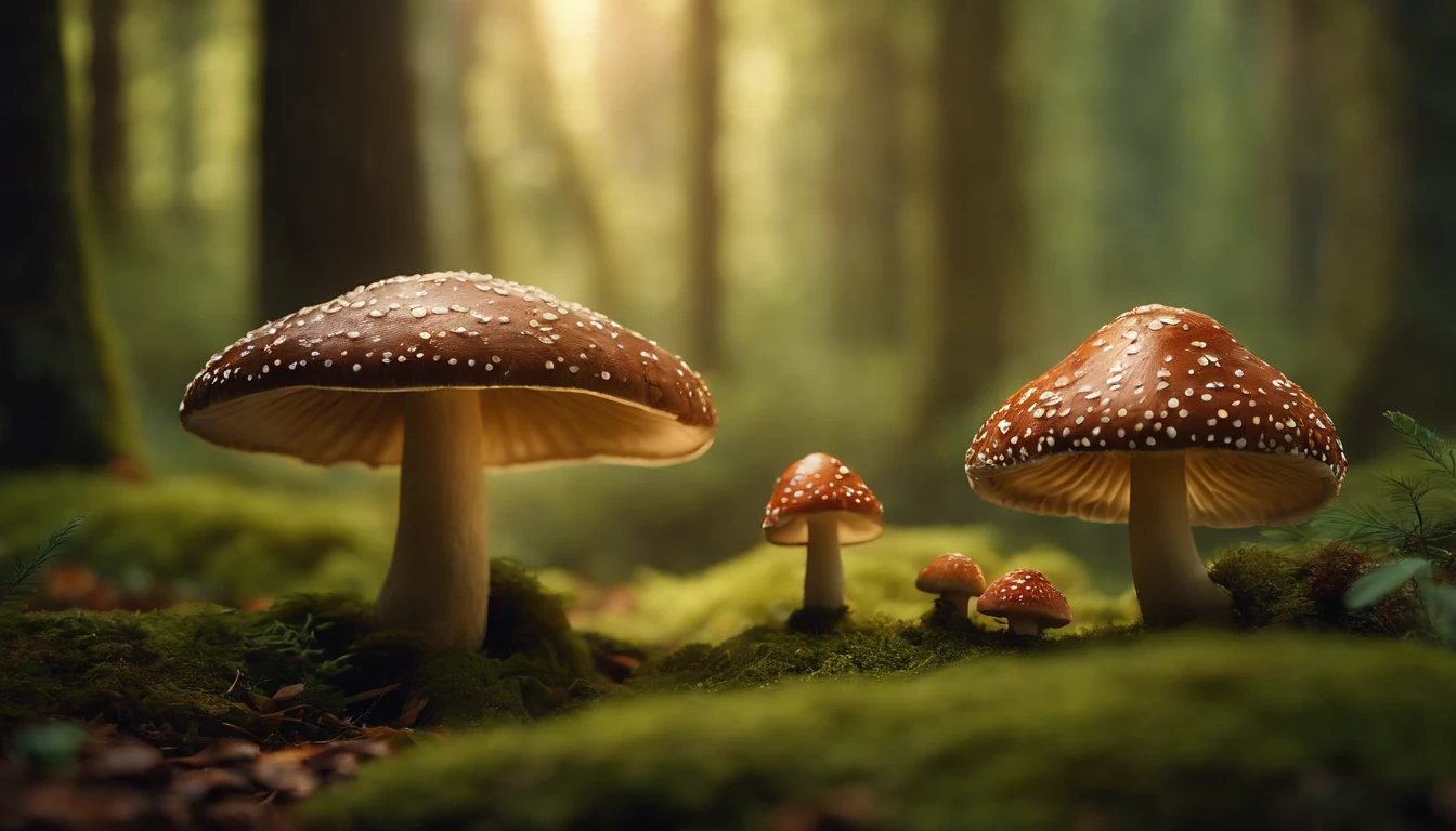 A whimsical, fairytale-inspired scene set in a magical forest, where vibrant mushrooms dot the forest floor and woodland creatures adorn the trees with twinkling lights