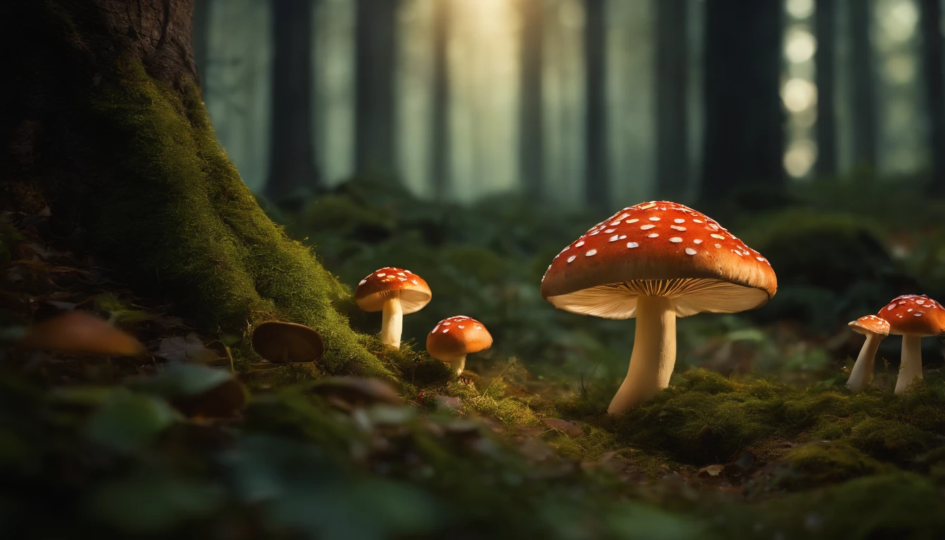 A whimsical, fairytale-inspired scene set in a magical forest, where vibrant mushrooms dot the forest floor and woodland creatures adorn the trees with twinkling lights