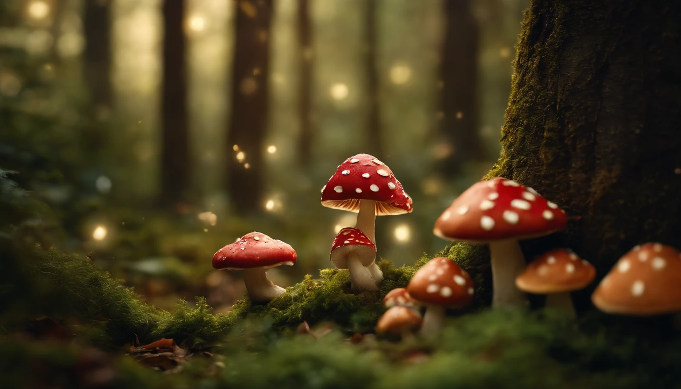 A whimsical, fairytale-inspired scene set in a magical forest, where vibrant mushrooms dot the forest floor and woodland creatures adorn the trees with twinkling lights