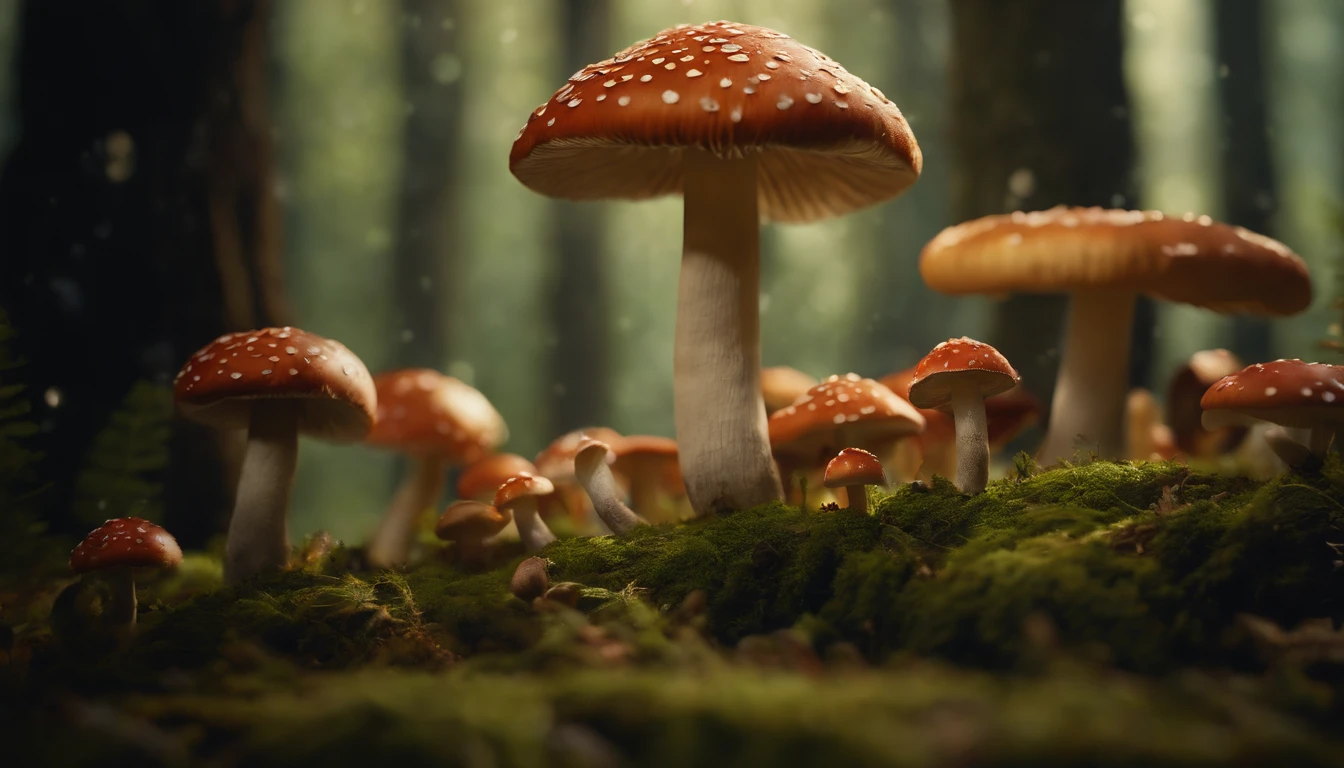 A whimsical, fairytale-inspired scene set in a magical forest, where vibrant mushrooms dot the forest floor and woodland creatures adorn the trees with twinkling lights