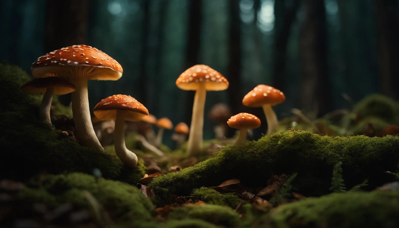 A whimsical, fairytale-inspired scene set in a magical forest, where vibrant mushrooms dot the forest floor and woodland creatures adorn the trees with twinkling lights