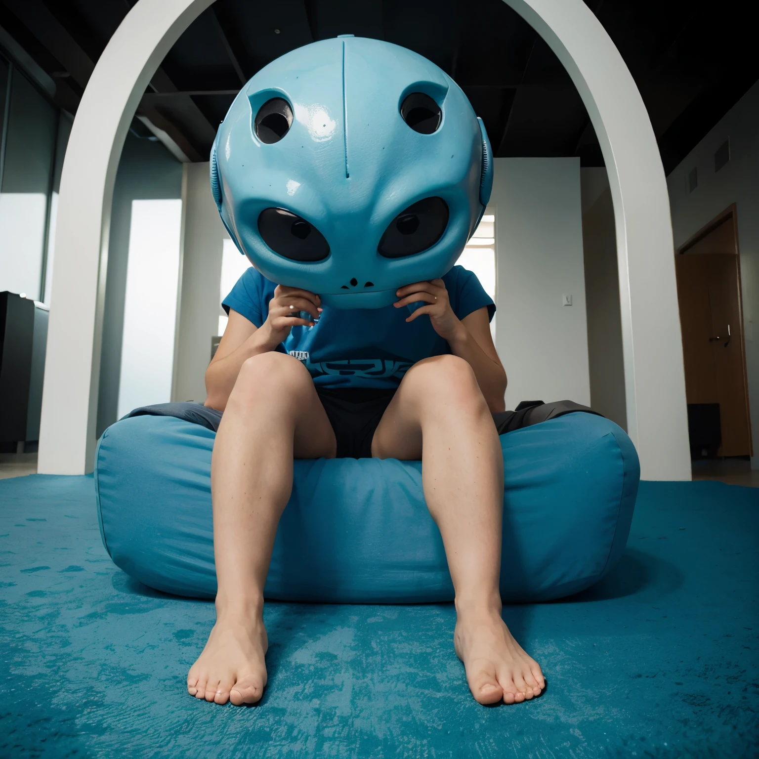 Person with a alien shaped head and super big feet