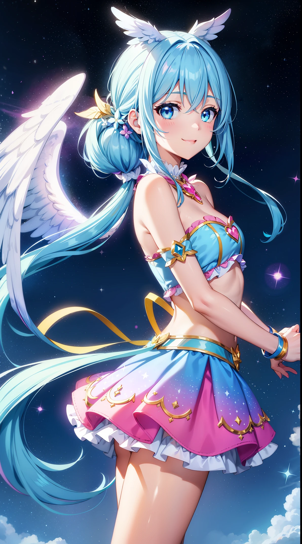 Super Idol a beauty girl A charming smile sky blue hair length hair Twin-tailed Glittery bright pink and white and blue and yellow outfit facing front Angel wings on background Mystical Fantasia constellation a moon Crystal Brilliance Aurora Borealis in the Night Sky