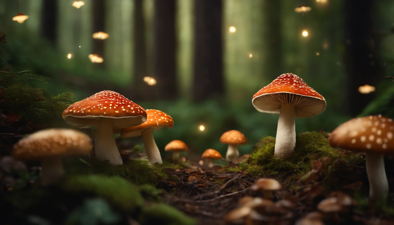 A whimsical, fairytale-inspired scene set in a magical forest, where vibrant mushrooms dot the forest floor and woodland creatures adorn the trees with twinkling lights