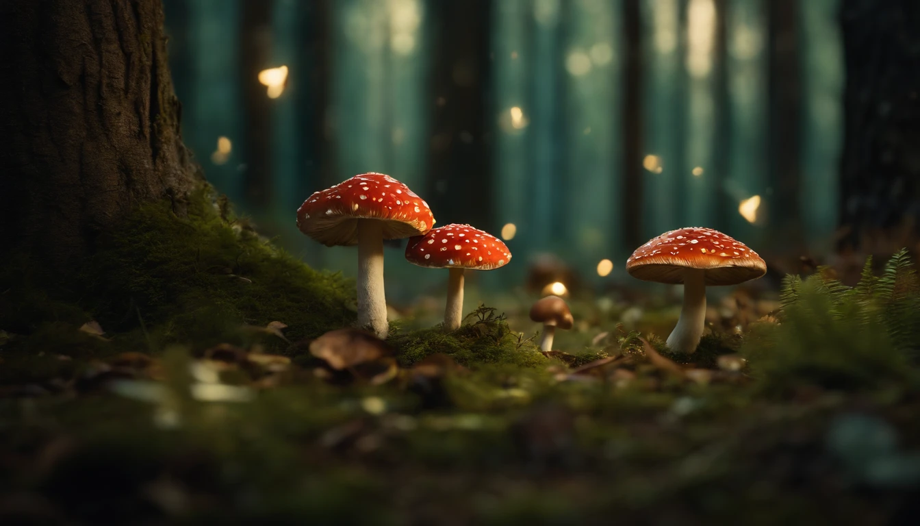 A whimsical, fairytale-inspired scene set in a magical forest, where vibrant mushrooms dot the forest floor and woodland creatures adorn the trees with twinkling lights