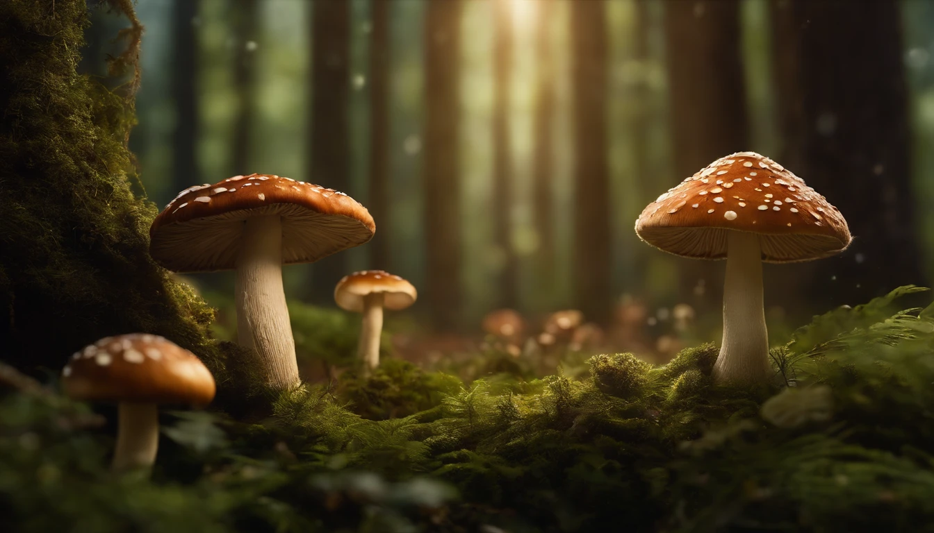A whimsical, fairytale-inspired scene set in a magical forest, where vibrant mushrooms dot the forest floor and woodland creatures adorn the trees with twinkling lights