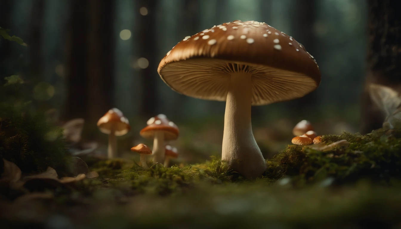 A whimsical, fairytale-inspired scene set in a magical forest, where vibrant mushrooms dot the forest floor and woodland creatures adorn the trees with twinkling lights