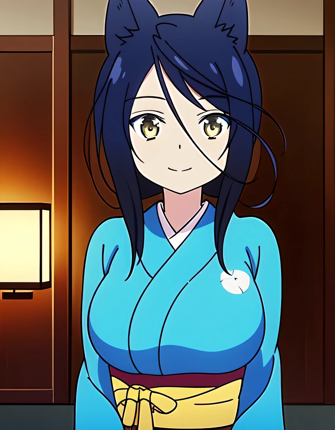 Satsuki,(Yellow eyes),blush,Kimono,Animal ears, lightsmile,Obi,komono,Indoor room,(Large breasts:1.5),Looking at Viewer,(((masutepiece))),((Best Quality)),Perfect Anatomy,8K UHD,extra detailed face,gloss and shiny,((1girl in)),((Solo)),(Beautiful detailed eyes:1.5),image perfect,(Upper body:1.1),(Look at the front:1.1),Arms behind,Slim waist,Shiny hair,Standing