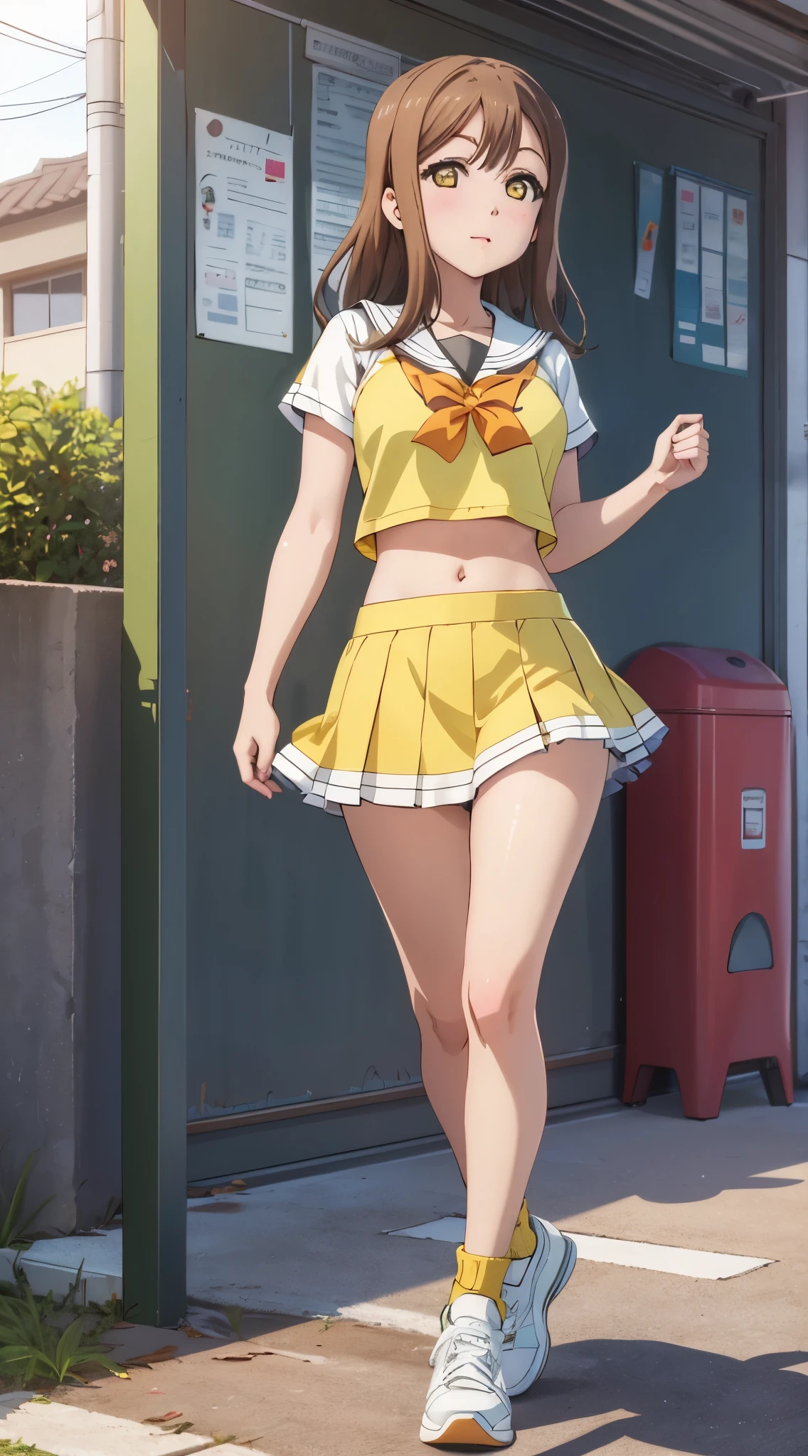1girl, red hair,very short hair,yellows eyes, school uniform ,midriff, microskirt,, lowleg skirt,exhibitionism, loli, oppai loli, , ((naked))