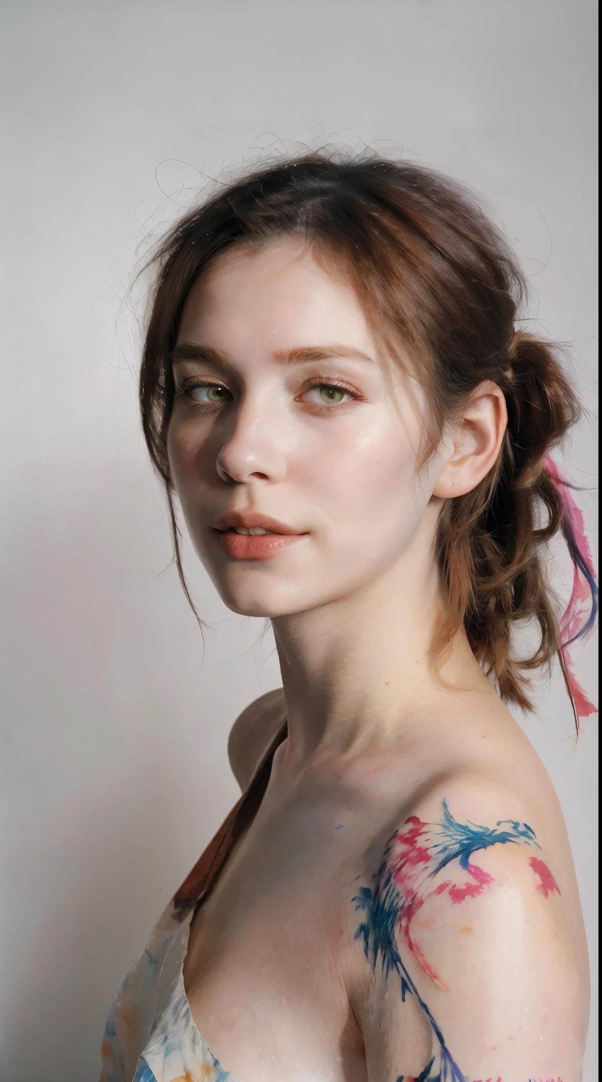 (8k, best quality, masterpiece:1.2),(best quality:1.0), (ultra highres:1.0), watercolor, a beautiful woman, shoulder, hair ribbons, by agnes cecile, half body portrait, extremely luminous bright design, pastel colors, (ink:1.3), autumn lights,