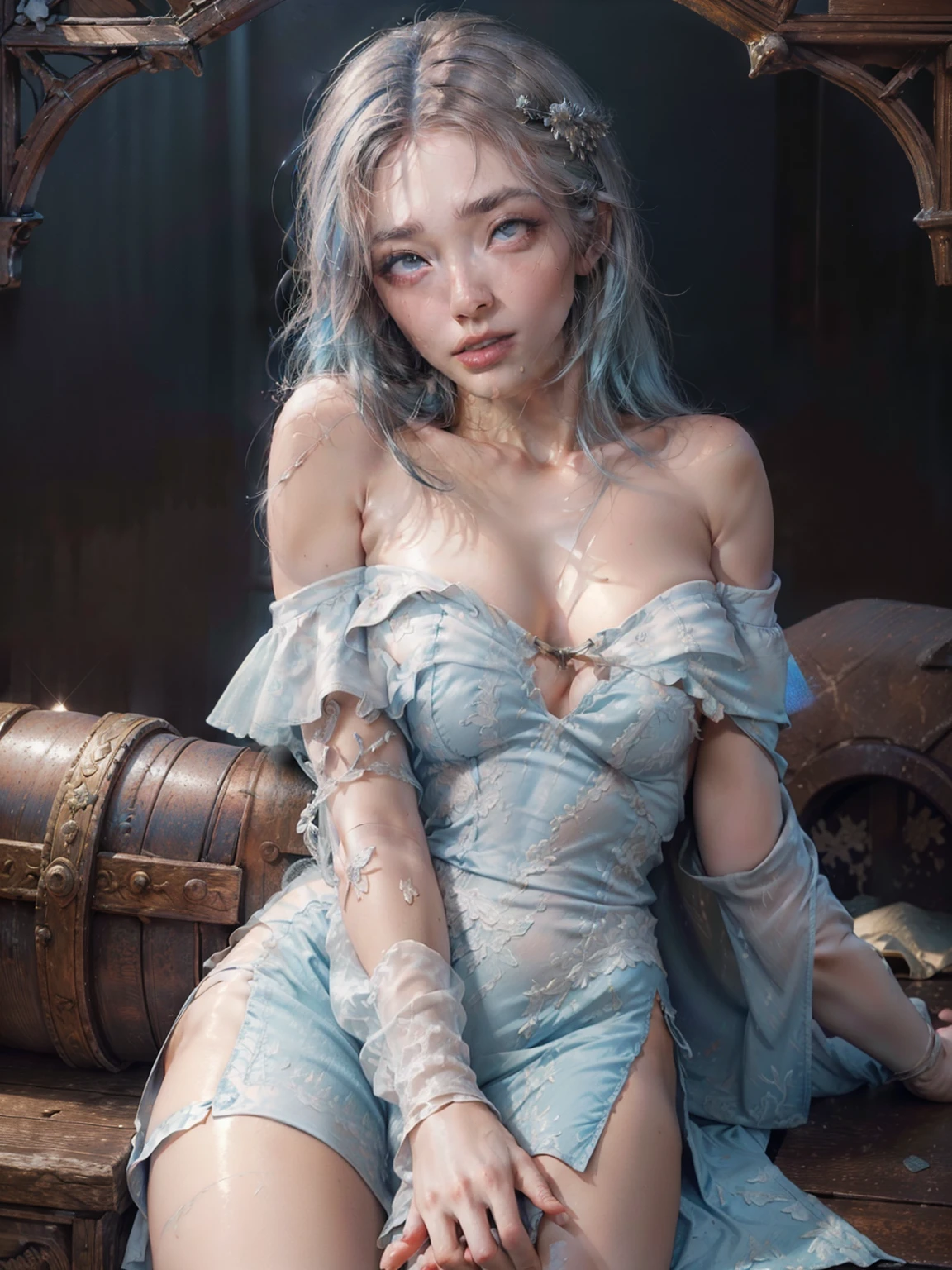 RAW, masterpiece, ultra thin photo, best quality, ultra high resolution, photorealistic, sunlight, (medium full shot:1.5), incredibly beautiful, dynamic poses, delicate face, vibrant eyes, (side view), she is using a long medieval dress, multicolored eyes, light blue hair, (beaufiful thigh:1.3), (off-the-shoulder cut top:1.3), medieval city background, highly detailed abandoned, detailed face, detailed and complex busy background, gorgeous, milky white, Highly detailed skin, realistic skin details, visible pores, sharp focus, volumetric mist, moonlight night, 8k UHD, DSLR camera, high quality, film grain, fair skin, photorealism, lomography, expanding metropolis in medieval dystopia, view from below, translucent, (ahegao:1.5), (rolling eyes:1.5), fainting, (legspread), elizabeth_olsen