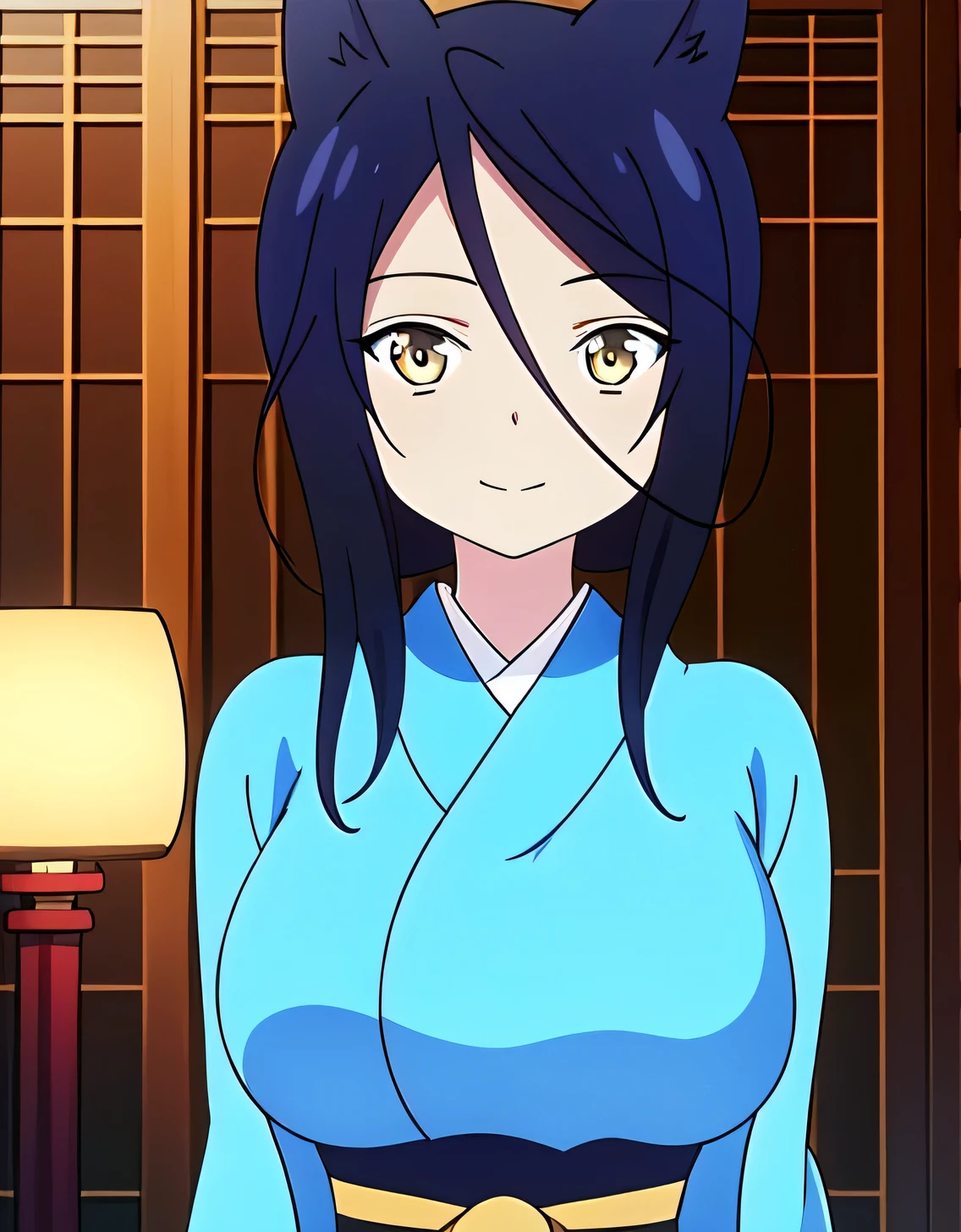 Satsuki,(Yellow eyes),blush,Kimono,Animal ears, lightsmile,Obi,komono,Indoor room,(Large breasts:1.5),Looking at Viewer,(((masutepiece))),((Best Quality)),Perfect Anatomy,8K UHD,extra detailed face,gloss and shiny,((1girl in)),((Solo)),(Beautiful detailed eyes:1.5),image perfect,(Upper body:1.1),(Look at the front:1.1),Arms behind,Slim waist,Shiny hair,Standing