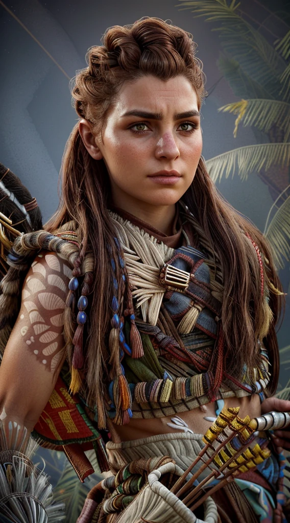 a close up of a woman with, aloy, female character, aloy from horizon: zero dawn, realistic, photorealistic, detailed eyes, detailed face, long hair, determined expression, tribal makeup, post-apocalyptic setting, intense lighting, vibrant colors