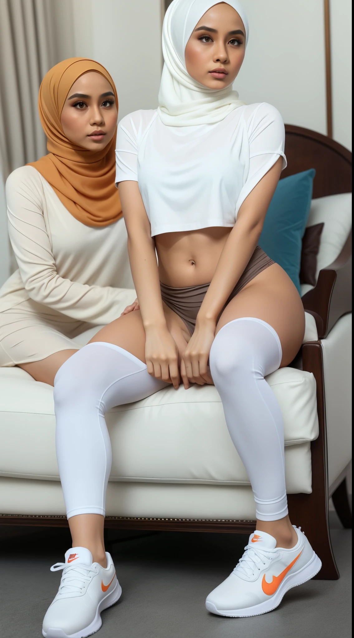 ((HIJAB MALAY GIRL)), (RAINBOW), SKINNY, FLAT CHEST, MINI SKIRT, HUGE WIDE BUTT, SKINNY, FLAT CHEST, NIPPLES , ((SKINNY)), ((HUGE WIDE BUTTS)), ((HEAVY WIDE BUTTS)), SNEAKERS, HUNG UP, FACING THE FRONT, SIT ON THE CHAIR, LEGGING, NIKE SNEAKERS , (WHITE SATIN HIJAB), LINGERIE DRESS, EXPERIENCED, OILY SKIN, tall buildings in background, twin towers,