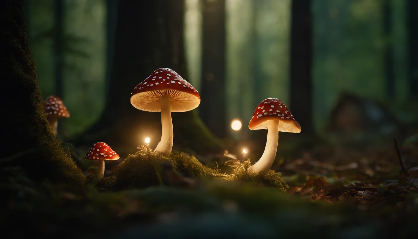 A whimsical, fairytale-inspired scene set in a magical forest, where vibrant mushrooms dot the forest floor and woodland creatures adorn the trees with twinkling lights