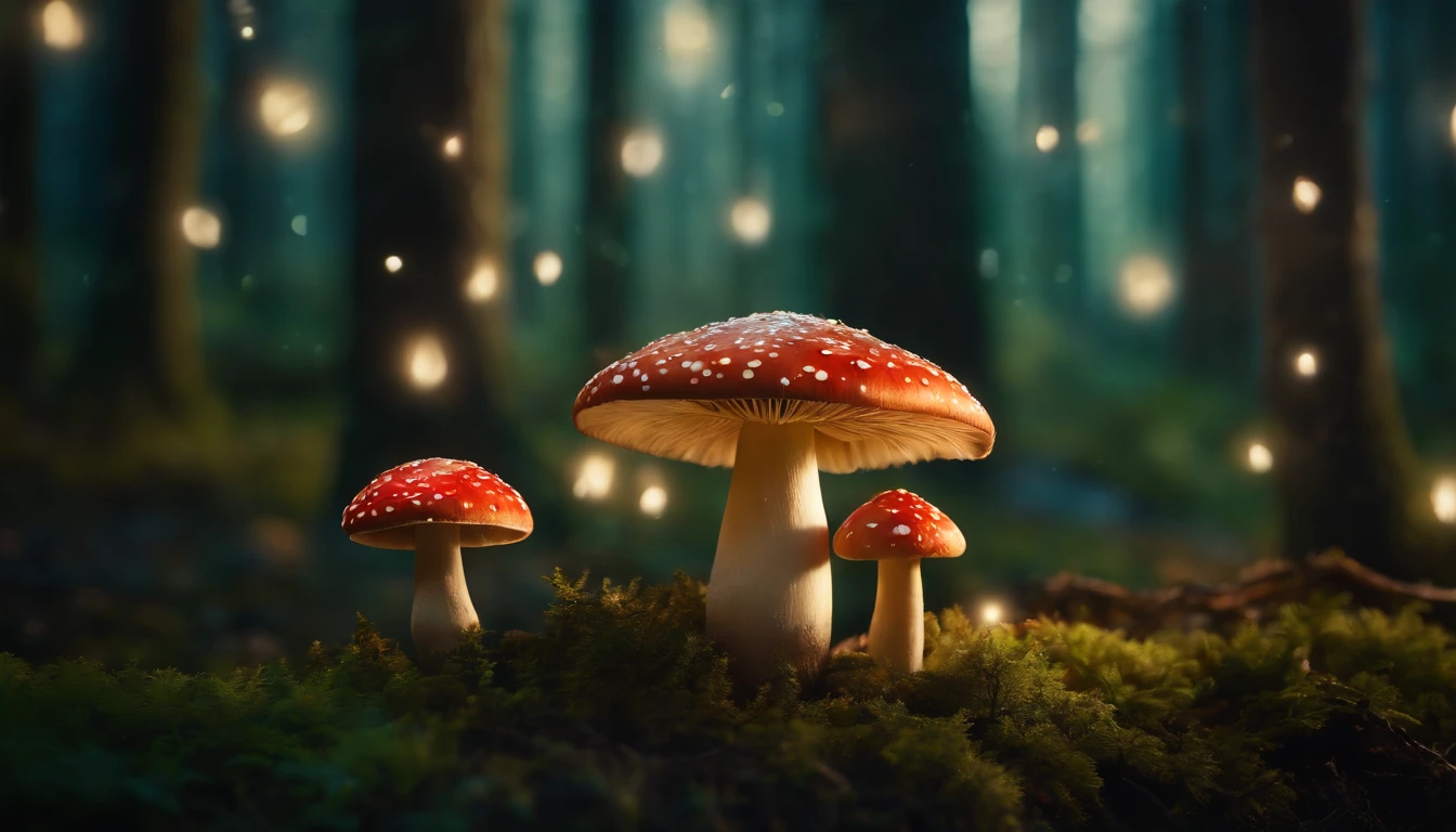 A whimsical, fairytale-inspired scene set in a magical forest, where vibrant mushrooms dot the forest floor and woodland creatures adorn the trees with twinkling lights