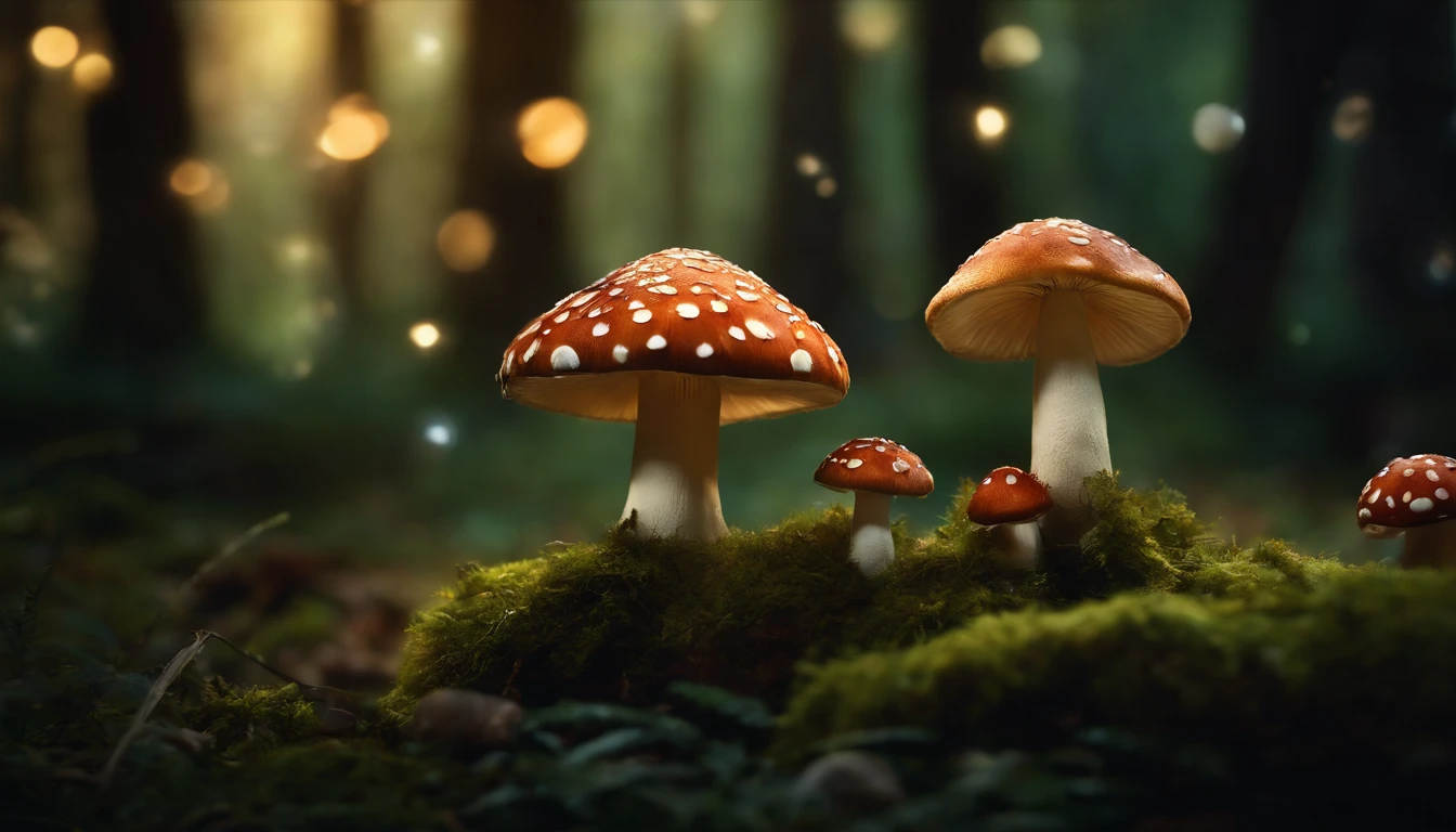 A whimsical, fairytale-inspired scene set in a magical forest, where vibrant mushrooms dot the forest floor and woodland creatures adorn the trees with twinkling lights
