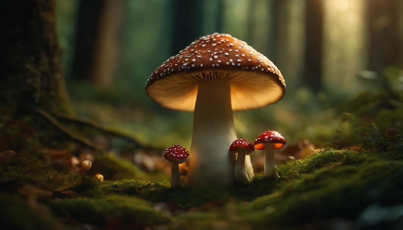 A whimsical, fairytale-inspired scene set in a magical forest, where vibrant mushrooms dot the forest floor and woodland creatures adorn the trees with twinkling lights