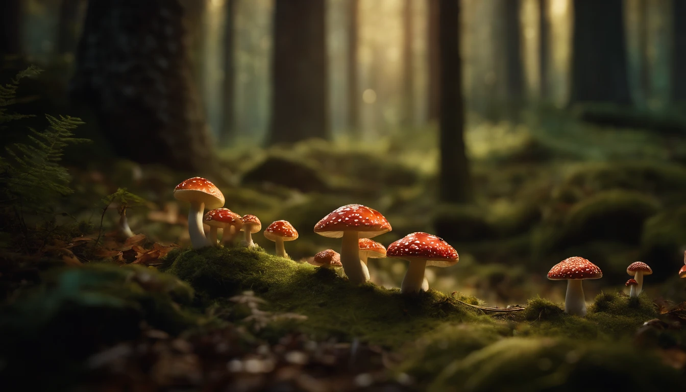 A whimsical, fairytale-inspired scene set in a magical forest, where vibrant mushrooms dot the forest floor and woodland creatures adorn the trees with twinkling lights