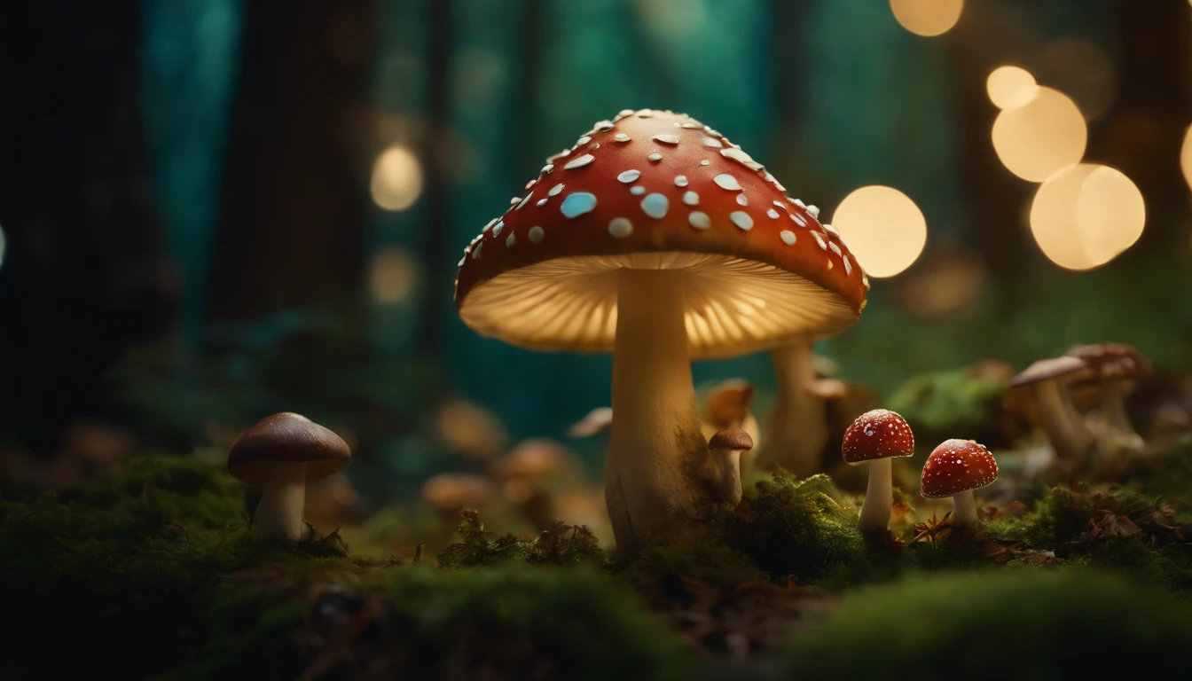 A whimsical, fairytale-inspired scene set in a magical forest, where vibrant mushrooms dot the forest floor and woodland creatures adorn the trees with twinkling lights