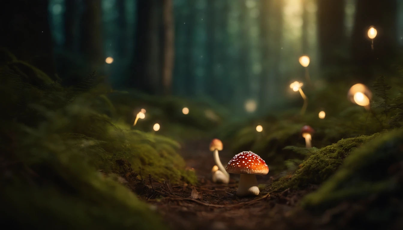 A whimsical, fairytale-inspired scene set in a magical forest, where vibrant mushrooms dot the forest floor and woodland creatures adorn the trees with twinkling lights