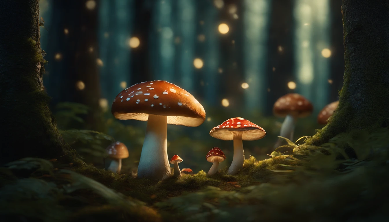 A whimsical, fairytale-inspired scene set in a magical forest, where vibrant mushrooms dot the forest floor and woodland creatures adorn the trees with twinkling lights