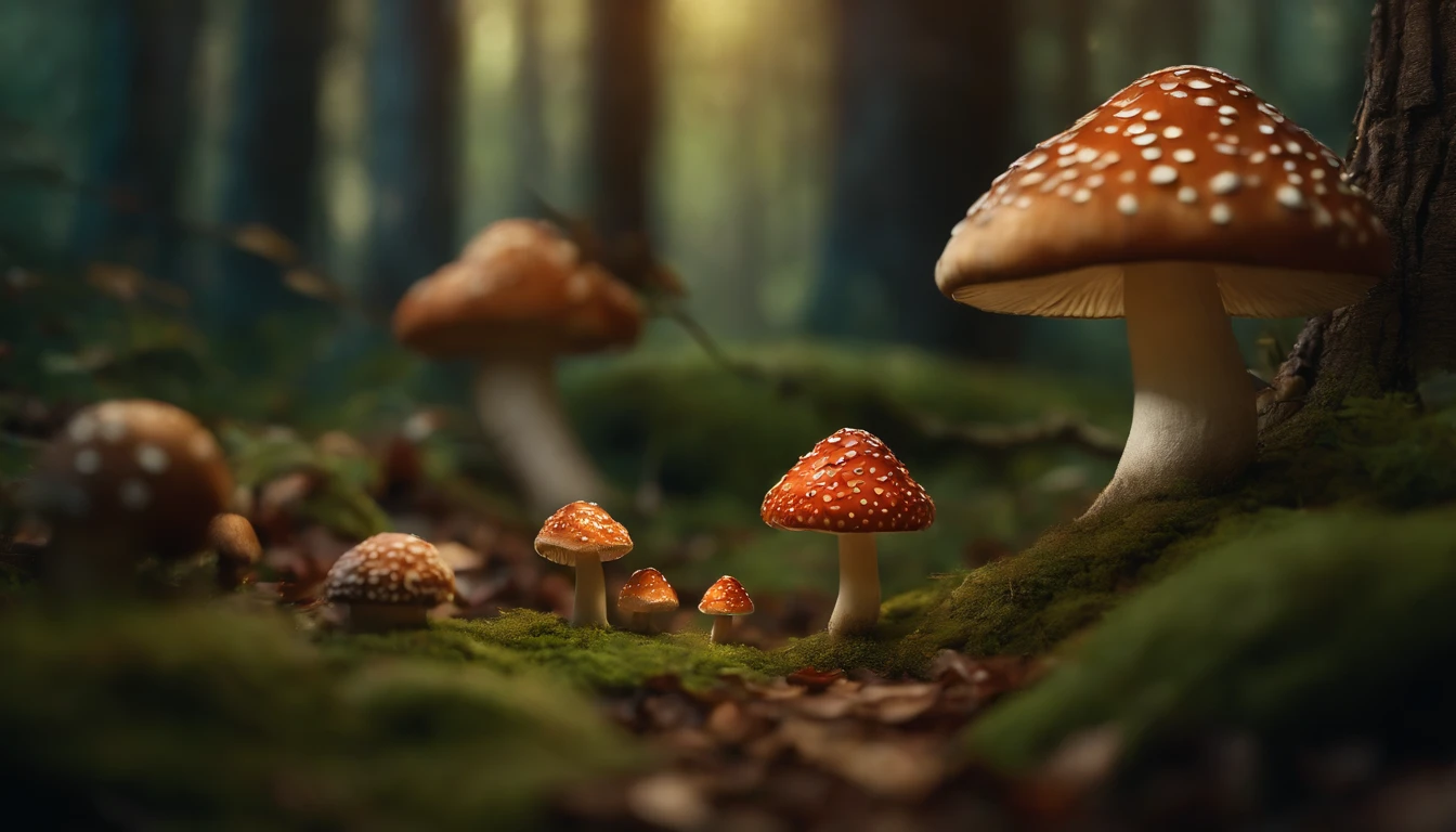 A whimsical, fairytale-inspired scene set in a magical forest, where vibrant mushrooms dot the forest floor and woodland creatures adorn the trees with twinkling lights