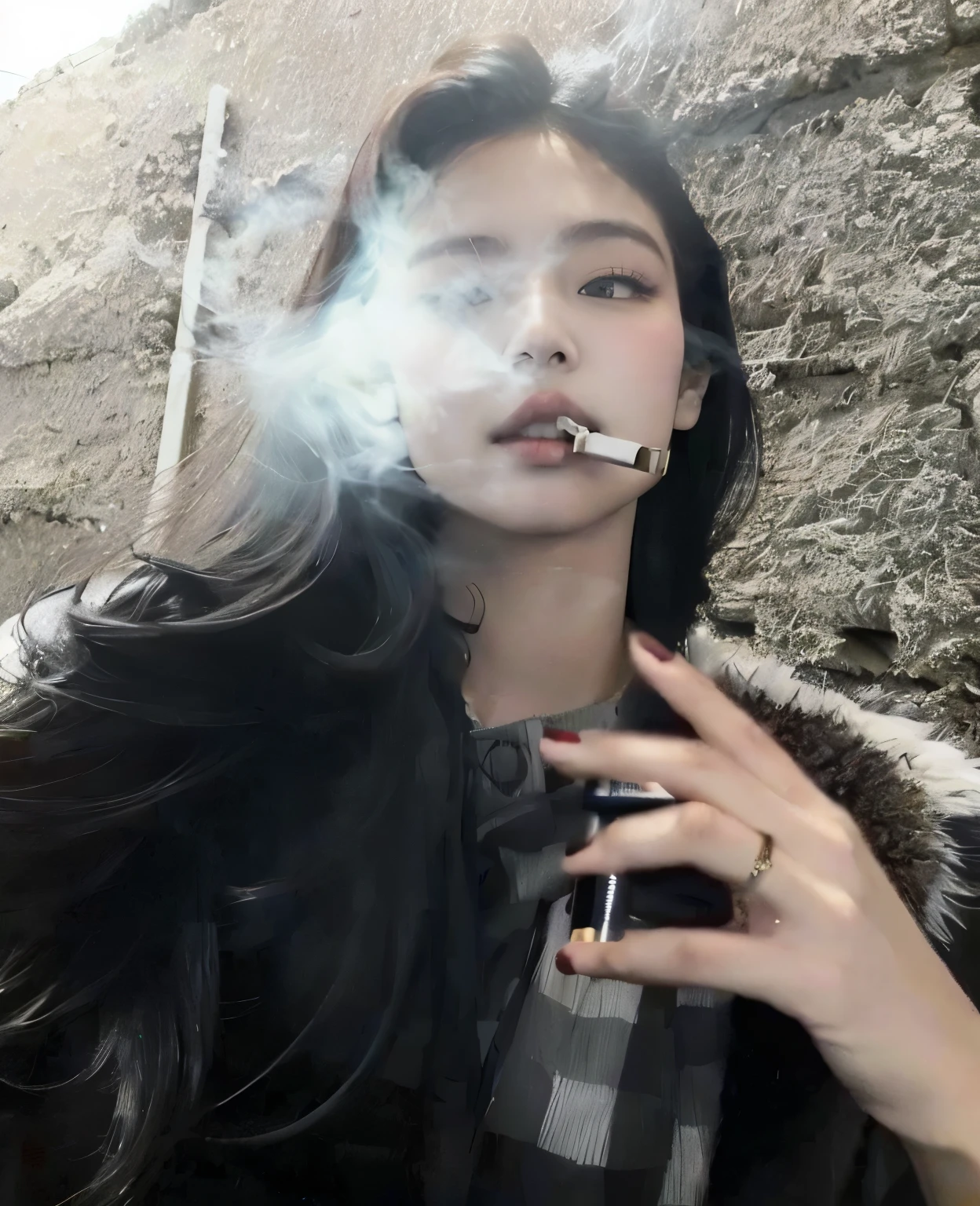 a close up of a woman with a cigarette in her mouth, iu lee ji-eun as a super villain, cigarette, bae suzy, korean girl, beautiful south korean woman, jinyoung shin, cruel korean goth girl, korean woman, with cigar, heonhwa choe, dramatic smoking pose, cai xukun, jisoo from blackpink, woman smoking cigarette