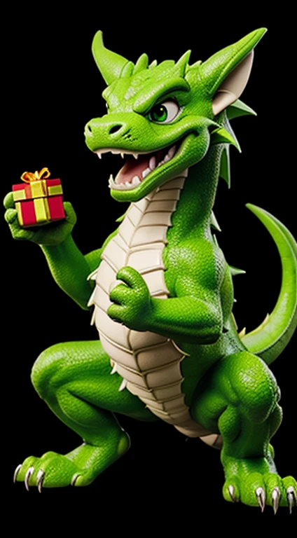 Green dragon with a gift in its paws, Smiling, in the style of a cartoon