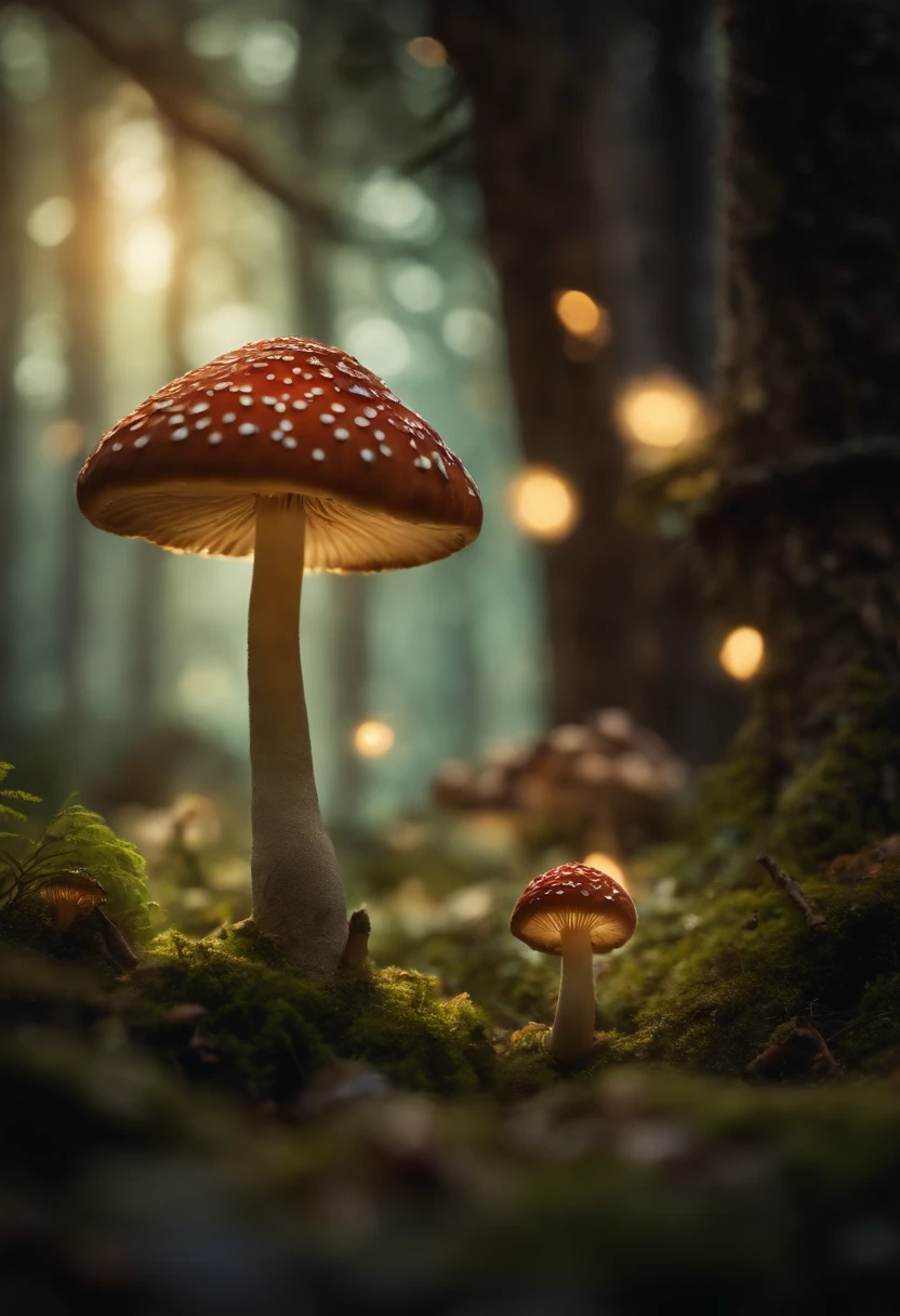 A whimsical, fairytale-inspired scene set in a magical forest, where vibrant mushrooms dot the forest floor and woodland creatures adorn the trees with twinkling lights