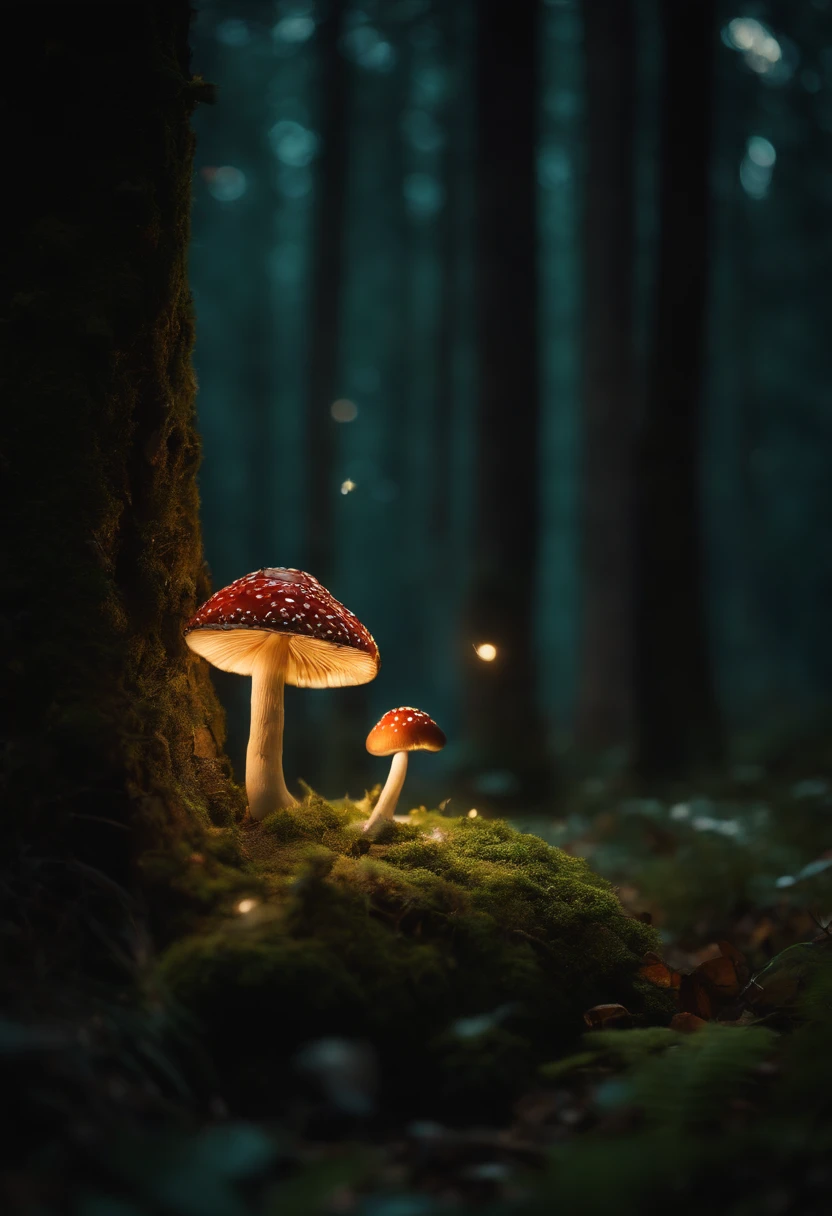 A whimsical, fairytale-inspired scene set in a magical forest, where vibrant mushrooms dot the forest floor and woodland creatures adorn the trees with twinkling lights