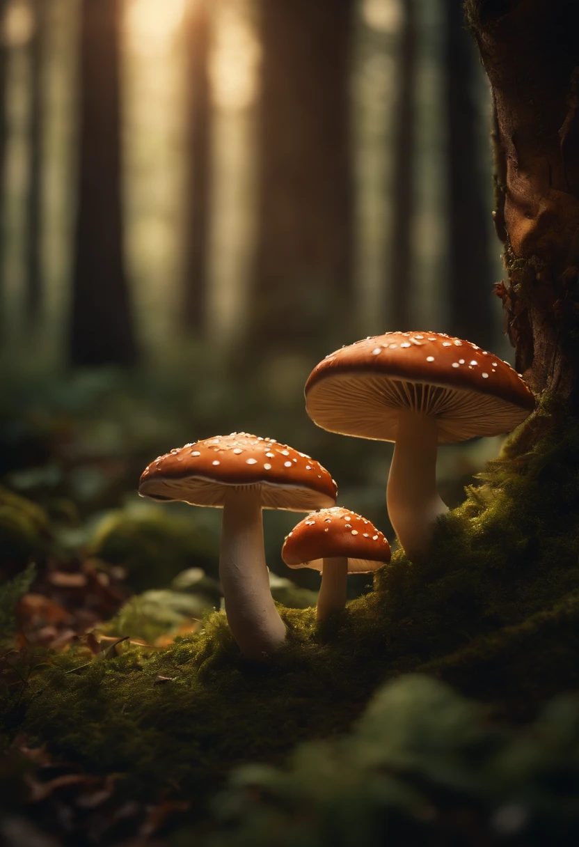 A whimsical, fairytale-inspired scene set in a magical forest, where vibrant mushrooms dot the forest floor and woodland creatures adorn the trees with twinkling lights