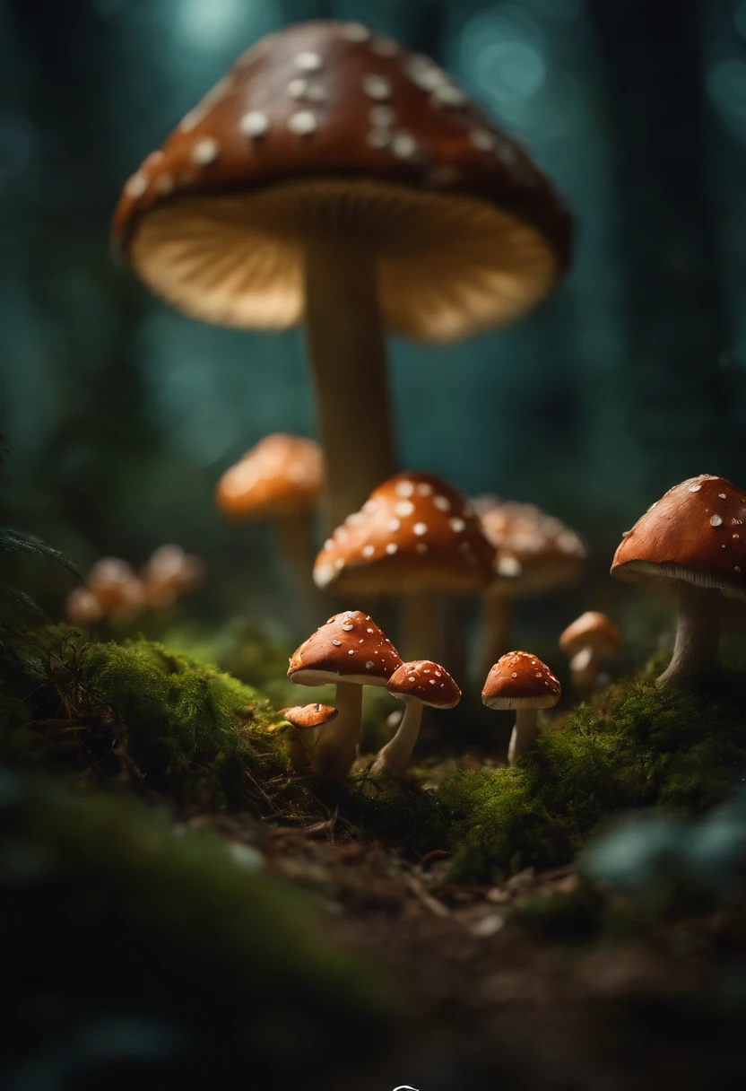 A whimsical, fairytale-inspired scene set in a magical forest, where vibrant mushrooms dot the forest floor and woodland creatures adorn the trees with twinkling lights