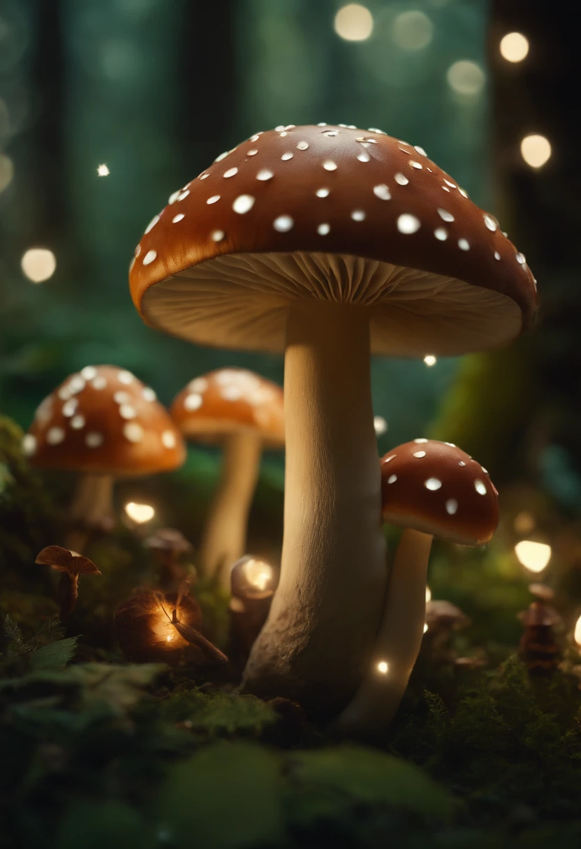 A whimsical, fairytale-inspired scene set in a magical forest, where vibrant mushrooms dot the forest floor and woodland creatures adorn the trees with twinkling lights