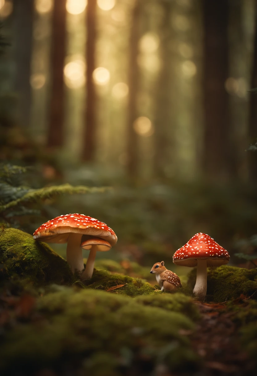 A whimsical, fairytale-inspired scene set in a magical forest, where vibrant mushrooms dot the forest floor and woodland creatures adorn the trees with twinkling lights