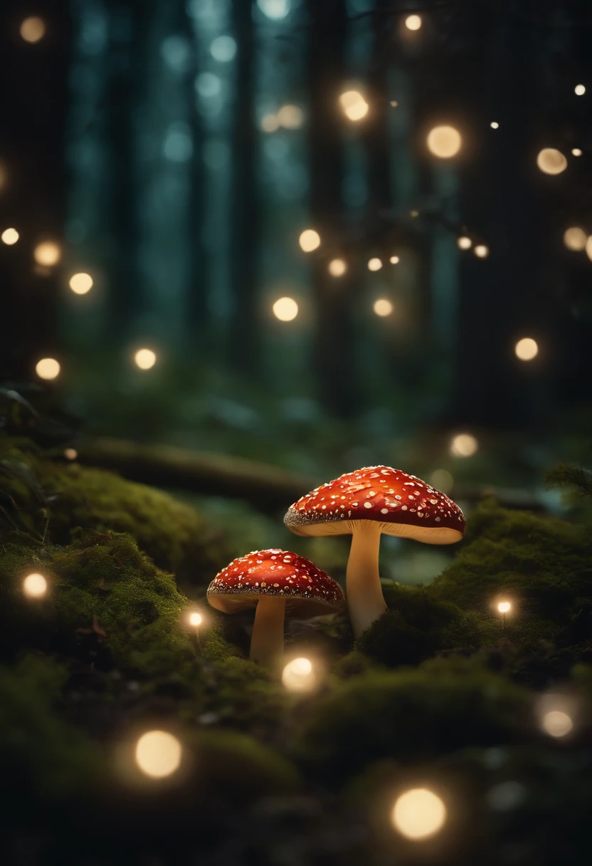 A whimsical, fairytale-inspired scene set in a magical forest, where vibrant mushrooms dot the forest floor and woodland creatures adorn the trees with twinkling lights