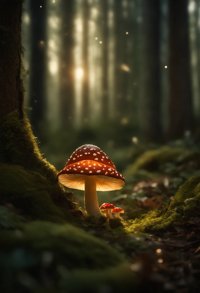 A whimsical, fairytale-inspired scene set in a magical forest, where vibrant mushrooms dot the forest floor and woodland creatures adorn the trees with twinkling lights