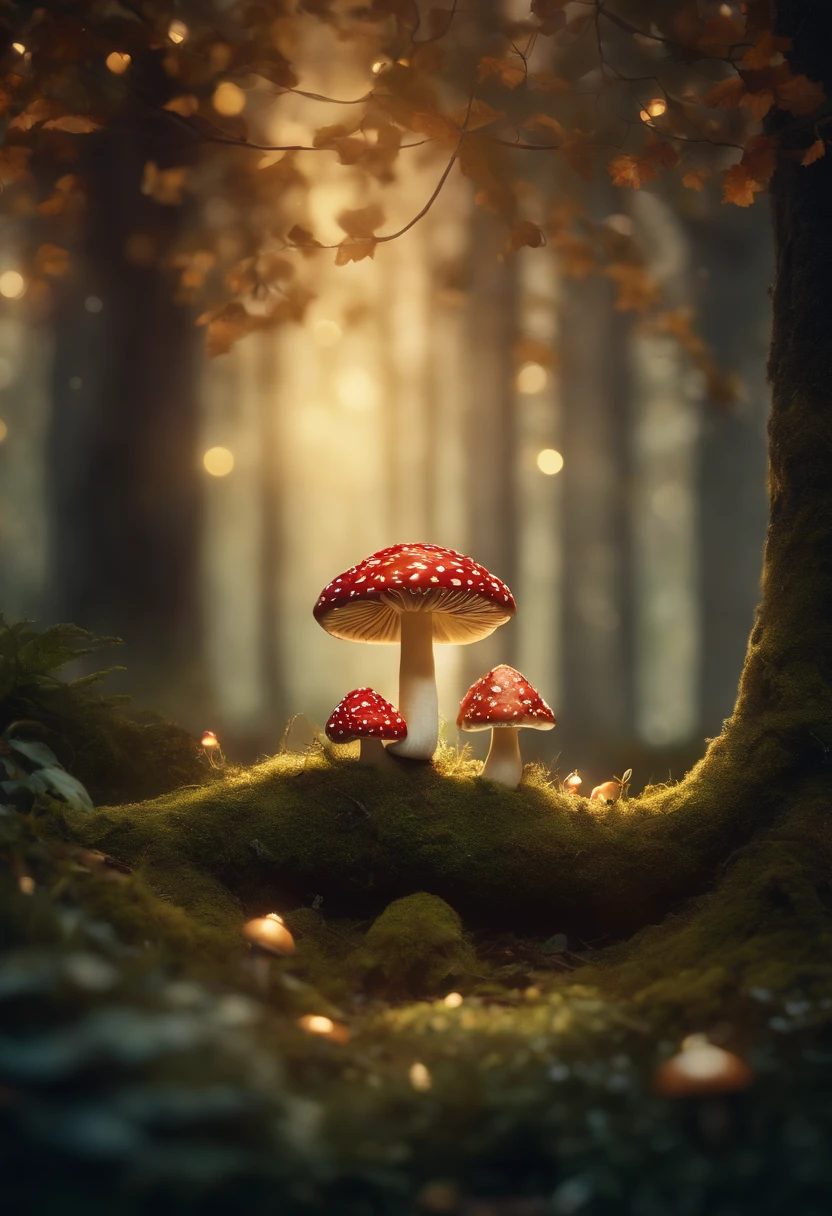 A whimsical, fairytale-inspired scene set in a magical forest, where vibrant mushrooms dot the forest floor and woodland creatures adorn the trees with twinkling lights
