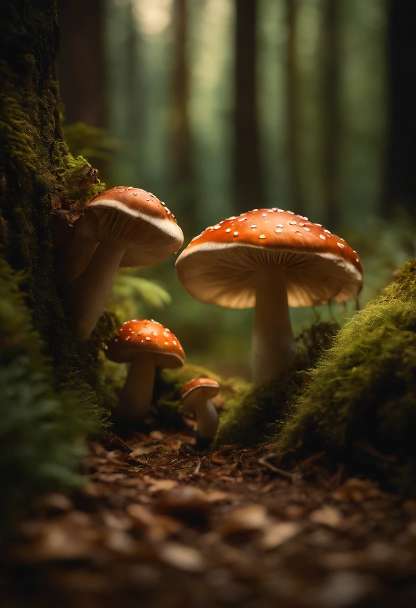 A whimsical, fairytale-inspired scene set in a magical forest, where vibrant mushrooms dot the forest floor and woodland creatures adorn the trees with twinkling lights