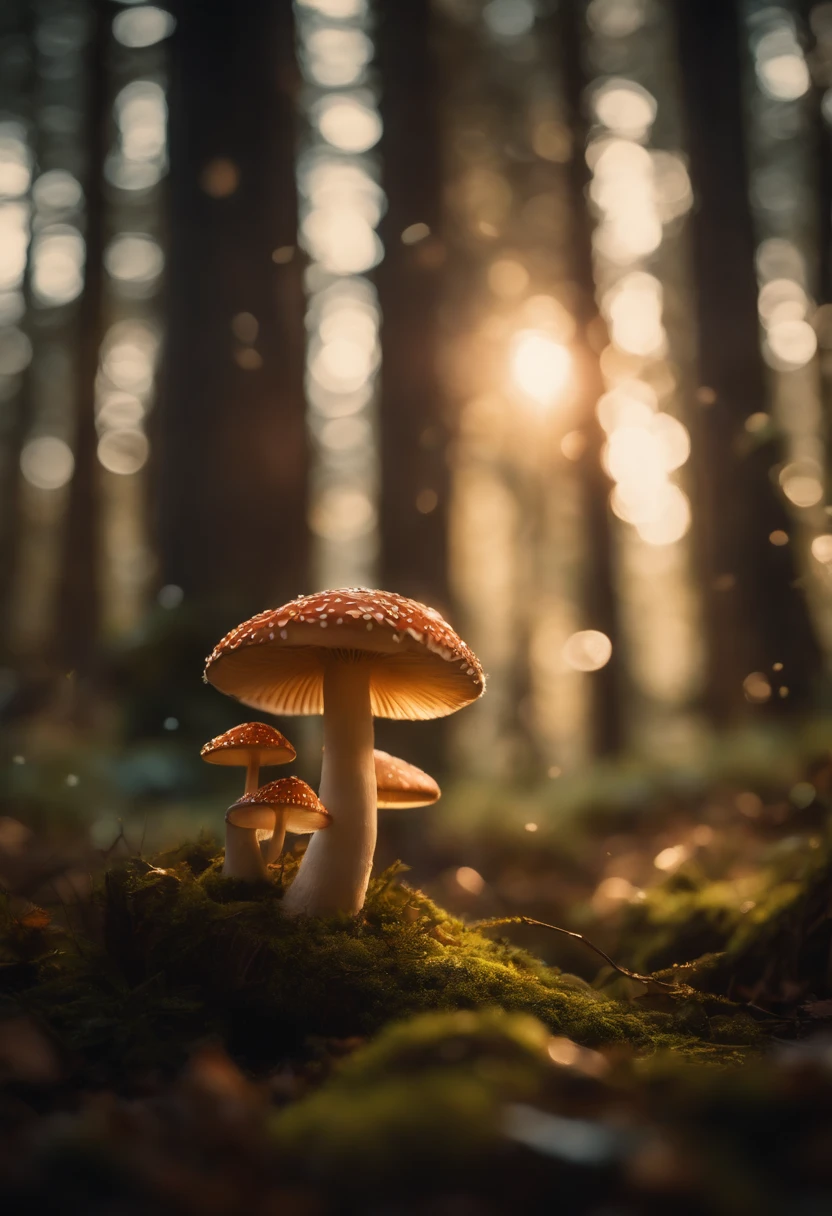 A whimsical, fairytale-inspired scene set in a magical forest, where vibrant mushrooms dot the forest floor and woodland creatures adorn the trees with twinkling lights