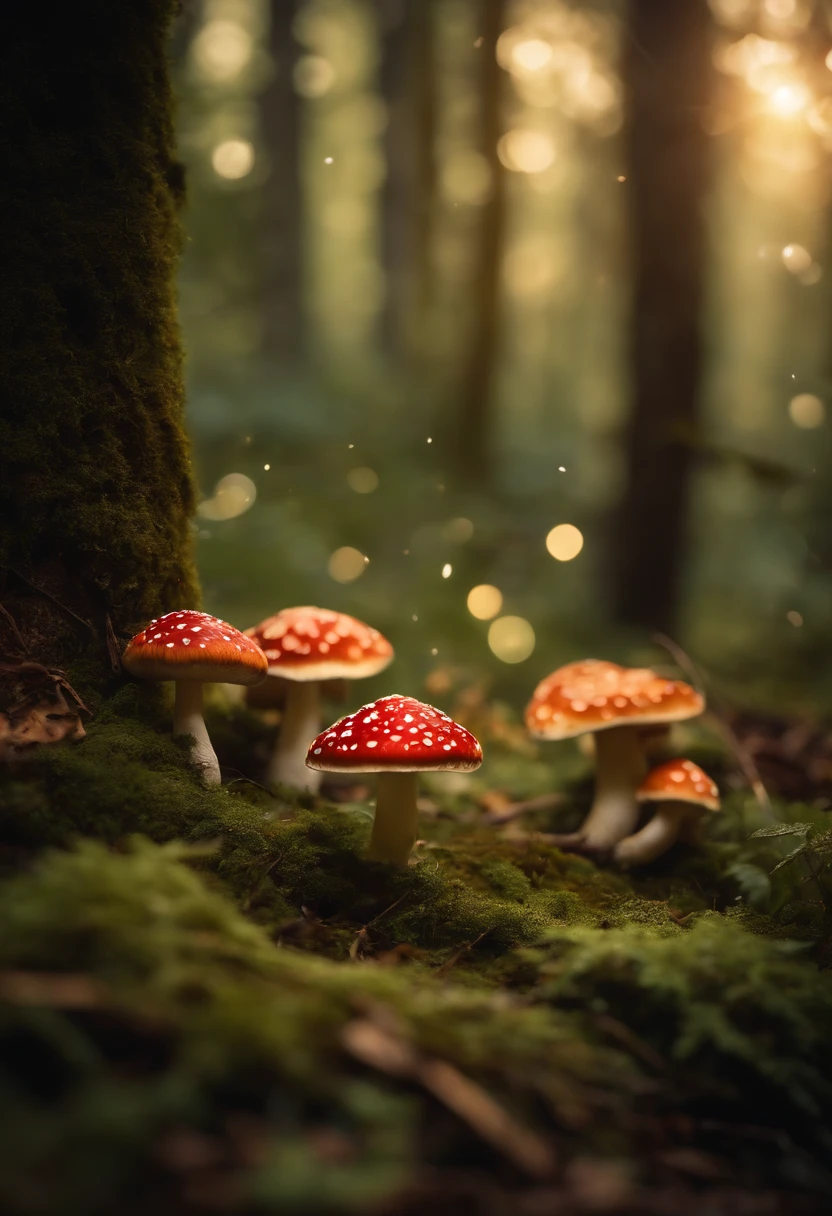 A whimsical, fairytale-inspired scene set in a magical forest, where vibrant mushrooms dot the forest floor and woodland creatures adorn the trees with twinkling lights