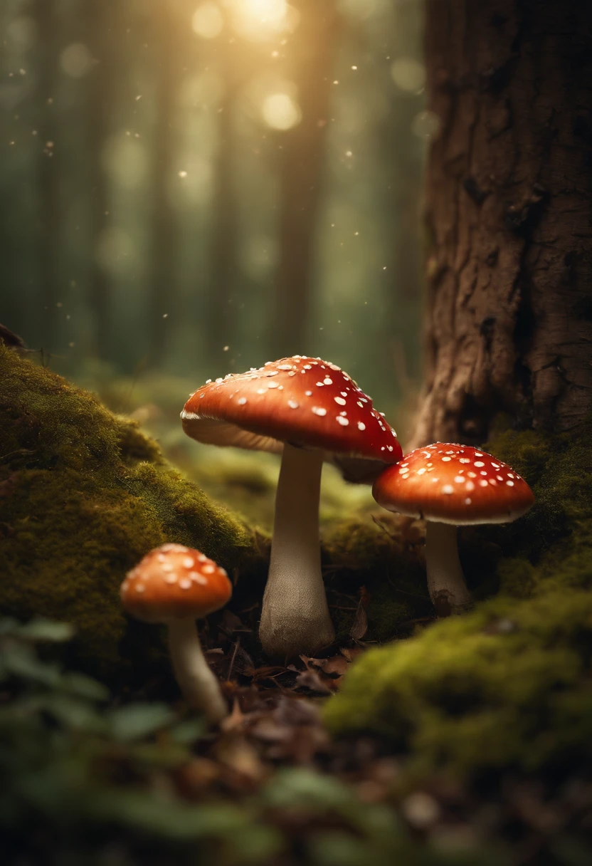 A whimsical, fairytale-inspired scene set in a magical forest, where vibrant mushrooms dot the forest floor and woodland creatures adorn the trees with twinkling lights
