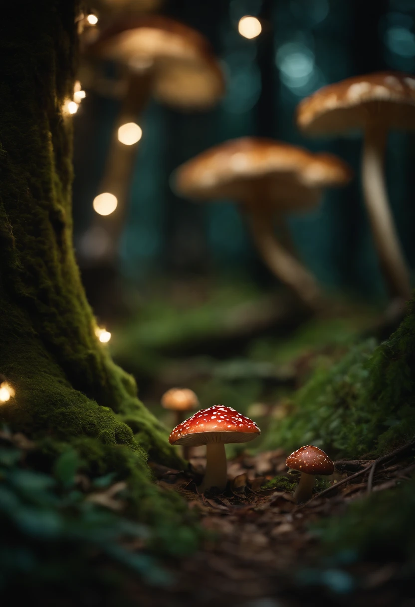 A whimsical, fairytale-inspired scene set in a magical forest, where vibrant mushrooms dot the forest floor and woodland creatures adorn the trees with twinkling lights