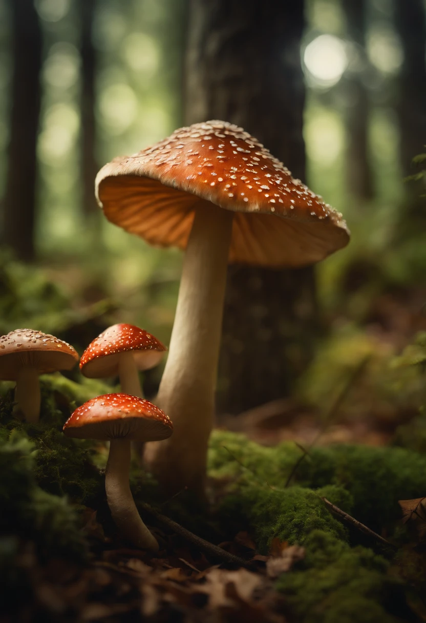 A whimsical, fairytale-inspired scene set in a magical forest, where vibrant mushrooms dot the forest floor and woodland creatures adorn the trees with twinkling lights