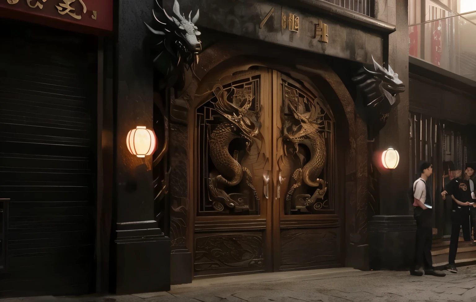 people outside a building with a dragon door, inspired by Kanō Hōgai, chinese dragons fighting, Cyberpunk Chinese Ancient Castle, inspirado por Li Gonglin, Directed by: Han Gan, detalhes intrincados. Motor irreal, Chinese dragon concept art, inspirado em Zhang Sengyao, China Cidade Blade Runner, Directed by: Li Zai, dramatic entry, Fantasia chinesa, Weta Office. mudar ornamento de dentro da porta de madeira. put 2 black suit security guards at the door