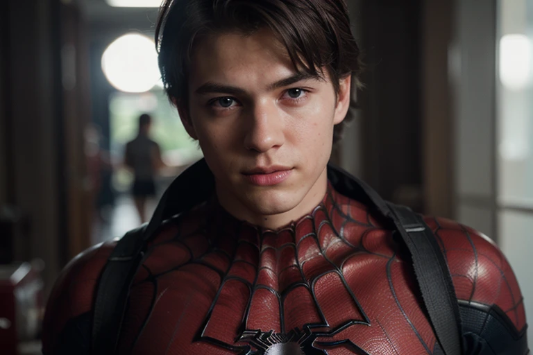 A photograph of spider man, no mask, 20 yo, handsome, detailed face, looking at camera, portrait, 8k uhd, high quality